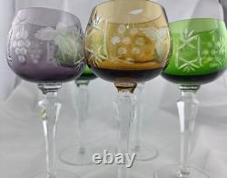 VINTAGE BOHEMIAN CUT-TO-CLEAR MULTICOLOR Crystal WINE GLASSES 8 SET OF 5