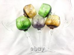 VINTAGE BOHEMIAN CUT-TO-CLEAR MULTICOLOR Crystal WINE GLASSES 8 SET OF 5