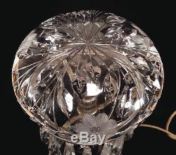 VINTAGE CUT CLEAR CRYSTAL ART GLASS DOMED SHADE MUSHROOM TABLE LAMP With PRISMS