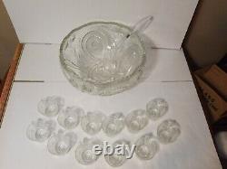 VINTAGE CUT GLASS CRYSTAL PUNCH BOWL with 12 CUPS AND LADLE