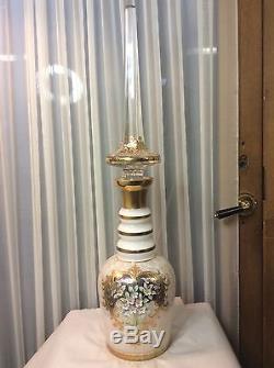 VINTAGE CZECH BOHEMIAN CARAFE DECANTER White Gold Enameled Cut Crystal Top 27