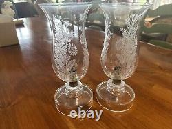 VINTAGE Czechoslovakian CANDLE HOLDERS. Wheel Cut Crystal Chimney. Etched Leaves