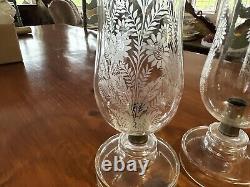 VINTAGE Czechoslovakian CANDLE HOLDERS. Wheel Cut Crystal Chimney. Etched Leaves