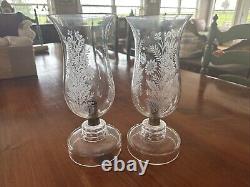 VINTAGE Czechoslovakian CANDLE HOLDERS. Wheel Cut Crystal Chimney. Etched Leaves