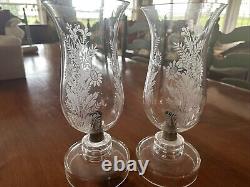 VINTAGE Czechoslovakian CANDLE HOLDERS. Wheel Cut Crystal Chimney. Etched Leaves