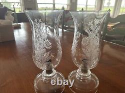 VINTAGE Czechoslovakian CANDLE HOLDERS. Wheel Cut Crystal Chimney. Etched Leaves