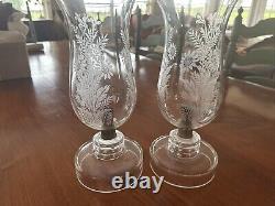 VINTAGE Czechoslovakian CANDLE HOLDERS. Wheel Cut Crystal Chimney. Etched Leaves