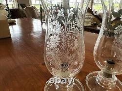 VINTAGE Czechoslovakian CANDLE HOLDERS. Wheel Cut Crystal Chimney. Etched Leaves