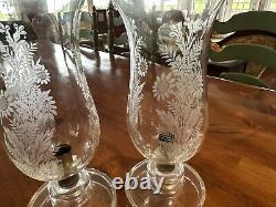 VINTAGE Czechoslovakian CANDLE HOLDERS. Wheel Cut Crystal Chimney. Etched Leaves