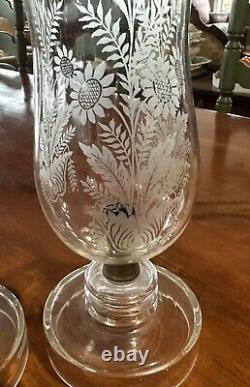 VINTAGE Czechoslovakian CANDLE HOLDERS. Wheel Cut Crystal Chimney. Etched Leaves