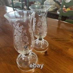 VINTAGE Czechoslovakian CANDLE HOLDERS. Wheel Cut Crystal Chimney. Etched Leaves