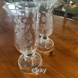 VINTAGE Czechoslovakian CANDLE HOLDERS. Wheel Cut Crystal Chimney. Etched Leaves