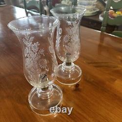 VINTAGE Czechoslovakian CANDLE HOLDERS. Wheel Cut Crystal Chimney. Etched Leaves