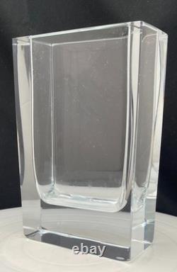 VINTAGE DE MARTUS MCM ART GLASS CUT CRYSTAL RECTANGLE VASE 7.5, MARKED c1960 vg