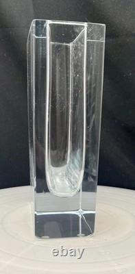 VINTAGE DE MARTUS MCM ART GLASS CUT CRYSTAL RECTANGLE VASE 7.5, MARKED c1960 vg