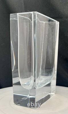 VINTAGE DE MARTUS MCM ART GLASS CUT CRYSTAL RECTANGLE VASE 7.5, MARKED c1960 vg