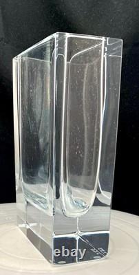 VINTAGE DE MARTUS MCM ART GLASS CUT CRYSTAL RECTANGLE VASE 7.5, MARKED c1960 vg