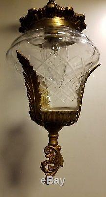 VINTAGE GOLDEN BRONZE FRENCH CHERUB CHANDELIER W Cut GLASS Crystal Etched SHADE