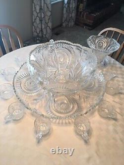 VINTAGE L. E. Smith CUT GLASS PINWHEEL & STARS PUNCH BOWL, UNDERPLATE & 12 CUPS