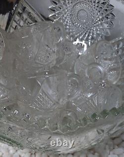 VTG AMERICAN BRILLIANT Deep Cut CRYSTAL GLASS BOWL 4 Hobstars SAWTOOTH 12 cups