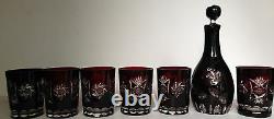 VTG BOHEMIAN Ruby Red Cut-to-Clear Crystal Starburst Decanter Glasses Set MINT