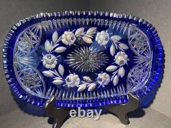 VTG Bohemian Cobalt Cut-to-Clear Crystal Platter Frosted Rosebuds Starburst 14x8