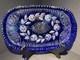 VTG Bohemian Cobalt Cut-to-Clear Crystal Platter Frosted Rosebuds Starburst 14x8