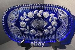 VTG Bohemian Cobalt Cut-to-Clear Crystal Platter Frosted Rosebuds Starburst 14x8