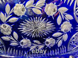 VTG Bohemian Cobalt Cut-to-Clear Crystal Platter Frosted Rosebuds Starburst 14x8