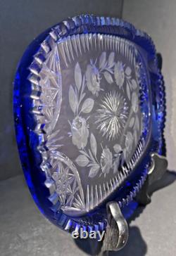 VTG Bohemian Cobalt Cut-to-Clear Crystal Platter Frosted Rosebuds Starburst 14x8