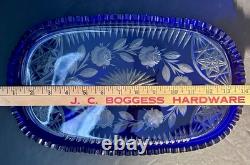 VTG Bohemian Cobalt Cut-to-Clear Crystal Platter Frosted Rosebuds Starburst 14x8