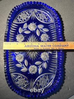 VTG Bohemian Cobalt Cut-to-Clear Crystal Platter Frosted Rosebuds Starburst 14x8