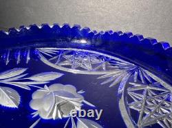 VTG Bohemian Cobalt Cut-to-Clear Crystal Platter Frosted Rosebuds Starburst 14x8