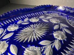 VTG Bohemian Cobalt Cut-to-Clear Crystal Platter Frosted Rosebuds Starburst 14x8