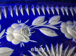 VTG Bohemian Cobalt Cut-to-Clear Crystal Platter Frosted Rosebuds Starburst 14x8