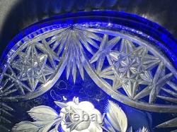VTG Bohemian Cobalt Cut-to-Clear Crystal Platter Frosted Rosebuds Starburst 14x8