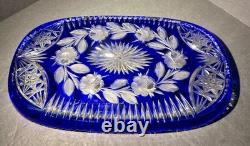 VTG Bohemian Cobalt Cut-to-Clear Crystal Platter Frosted Rosebuds Starburst 14x8