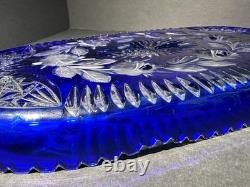 VTG Bohemian Cobalt Cut-to-Clear Crystal Platter Frosted Rosebuds Starburst 14x8