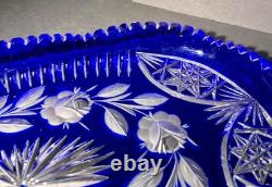 VTG Bohemian Cobalt Cut-to-Clear Crystal Platter Frosted Rosebuds Starburst 14x8