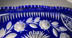 VTG Bohemian Cobalt Cut-to-Clear Crystal Platter Frosted Rosebuds Starburst 14x8