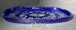 VTG Bohemian Cobalt Cut-to-Clear Crystal Platter Frosted Rosebuds Starburst 14x8