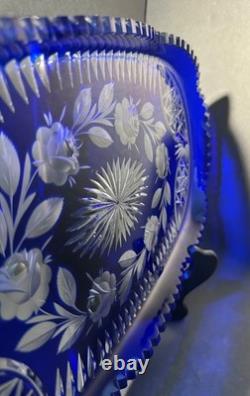 VTG Bohemian Cobalt Cut-to-Clear Crystal Platter Frosted Rosebuds Starburst 14x8
