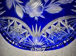VTG Bohemian Cobalt Cut-to-Clear Crystal Platter Frosted Rosebuds Starburst 14x8