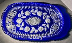 VTG Bohemian Cobalt Cut-to-Clear Crystal Platter Frosted Rosebuds Starburst 14x8