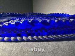 VTG Bohemian Cobalt Cut-to-Clear Crystal Platter Frosted Rosebuds Starburst 14x8