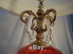 VTG Bohemian Cut cranberry Table lamp Glass Crystal Prism Hollywood Regency