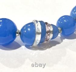 VTG CZECH Art Deco Faux Blue Chalcedony GLASS & Cut Crystal NECKLACE