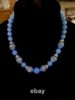 VTG CZECH Art Deco Faux Blue Chalcedony GLASS & Cut Crystal NECKLACE