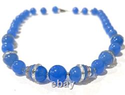VTG CZECH Art Deco Faux Blue Chalcedony GLASS & Cut Crystal NECKLACE