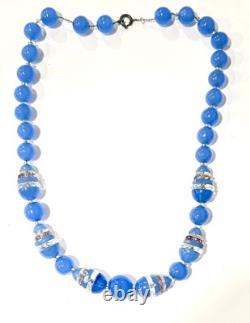 VTG CZECH Art Deco Faux Blue Chalcedony GLASS & Cut Crystal NECKLACE